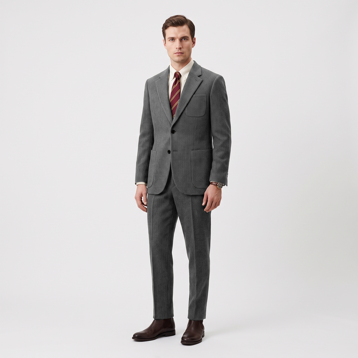 Aesido 2 Piece Double Button Notch Lapel Herringbone Tweed Men's Suit (Blazer+Pants)