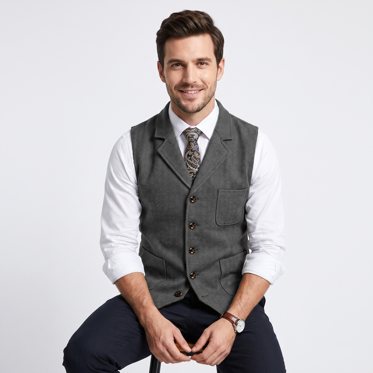 Aesido Formal Men's Vest Herringbone Notch Lapel Waistcoat