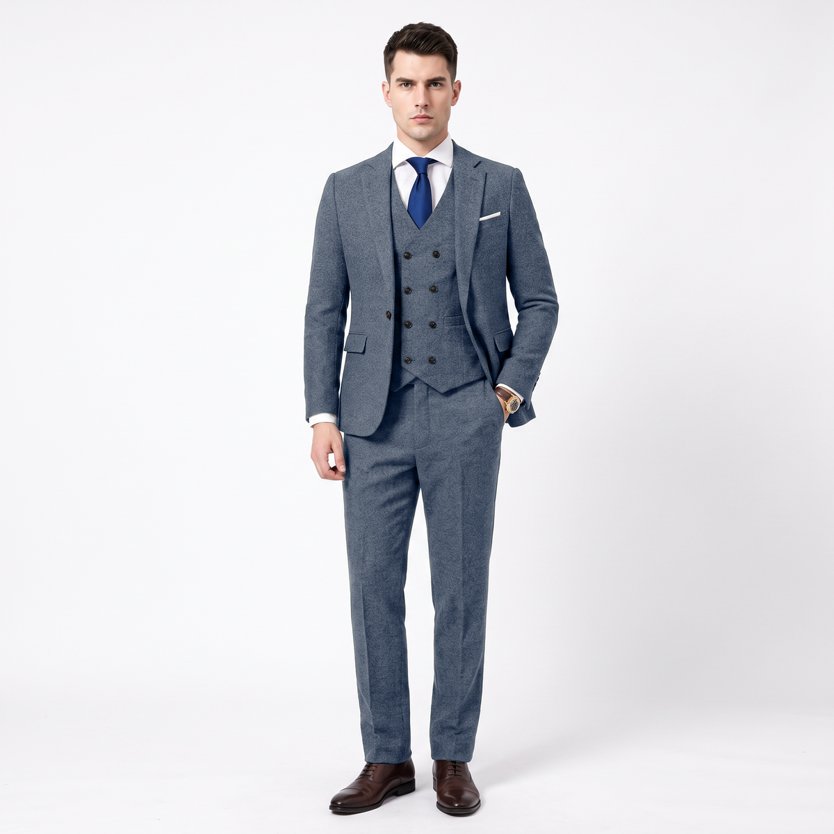 Aesido Men's Business Suit 3 Pieces Tweed Notch Lapel Suits（Blazer+Vest+Pants）