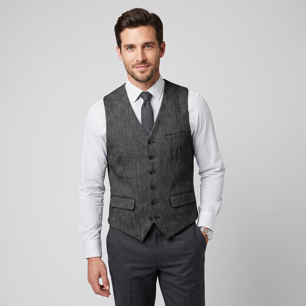 Aesido Men's Single Breasted V Neck Herringbone Waistcoat