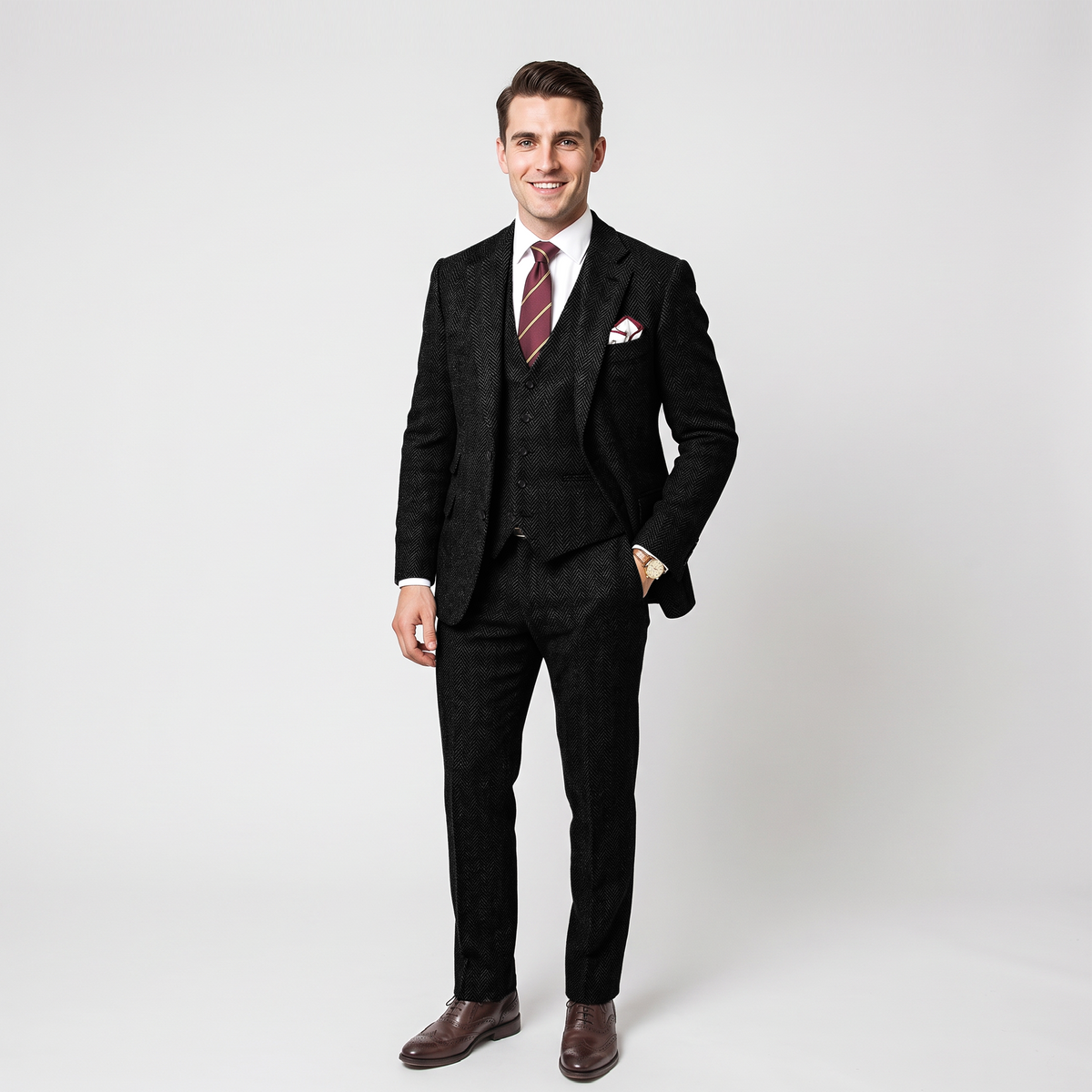 Aesido Vintage 3 Pieces Men's Suit Herringbone Notch Lapel Tuxedos (Blazer+vest+Pants)