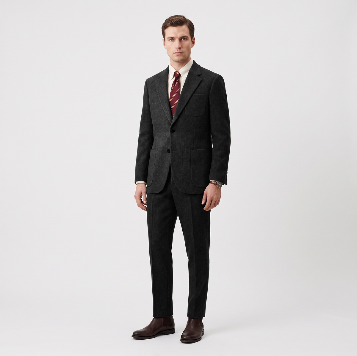 Aesido 2 Piece Double Button Notch Lapel Herringbone Tweed Men's Suit (Blazer+Pants)