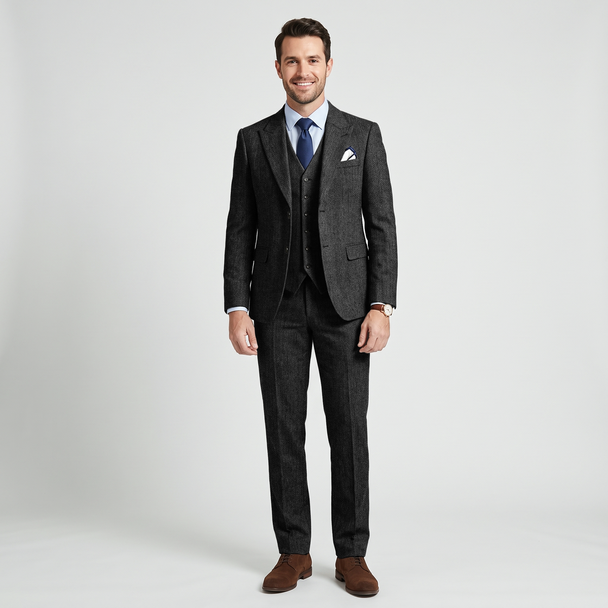 Aesido 3 Pieces Business Herringbone Peak Lapel Men's Suit (Blazer+Vest+Pants)