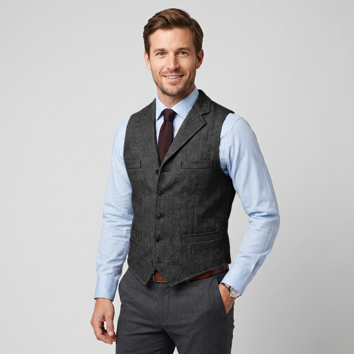 Aesido Business Men's Herringbone Notch Lapel Waistcoat
