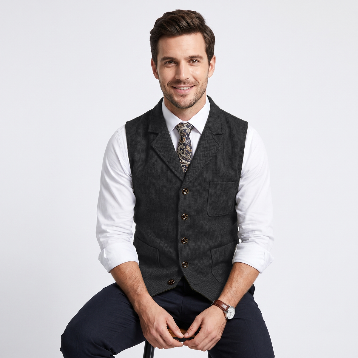 Aesido Formal Men's Vest Herringbone Notch Lapel Waistcoat