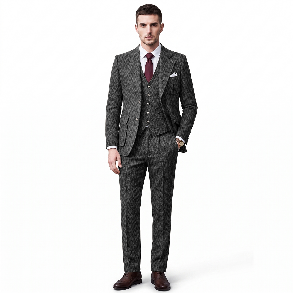 Aesido 3 Pieces Classic Herringbone Notch Lapel Suits (Blazer+Vest+Pants)
