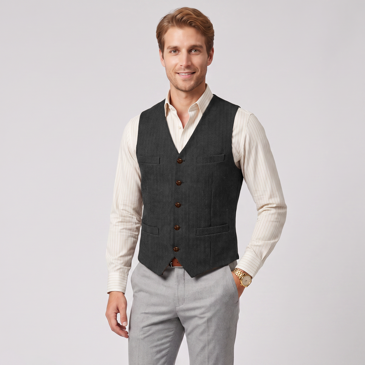 Aesido Casual Single Breasted V Neck Herringbone Men's Vest