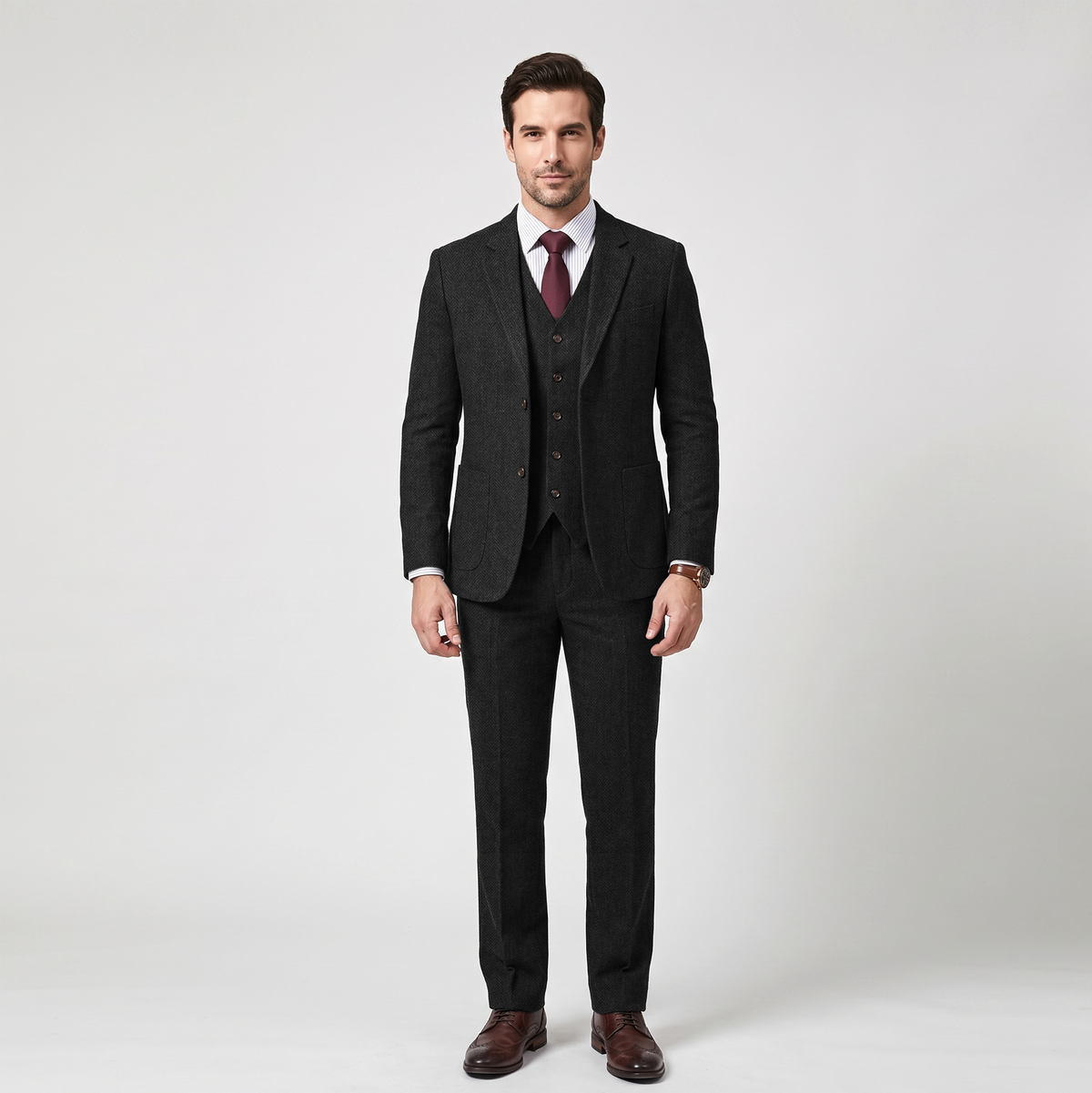 Aesido 3 Pieces Business Herringbone Notch Lapel Men's Suit（Blazer+Vest+Pants）
