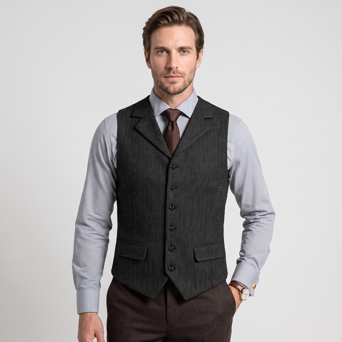 Aesido Men's Business Herringbone Notch Lapel Waistcoat
