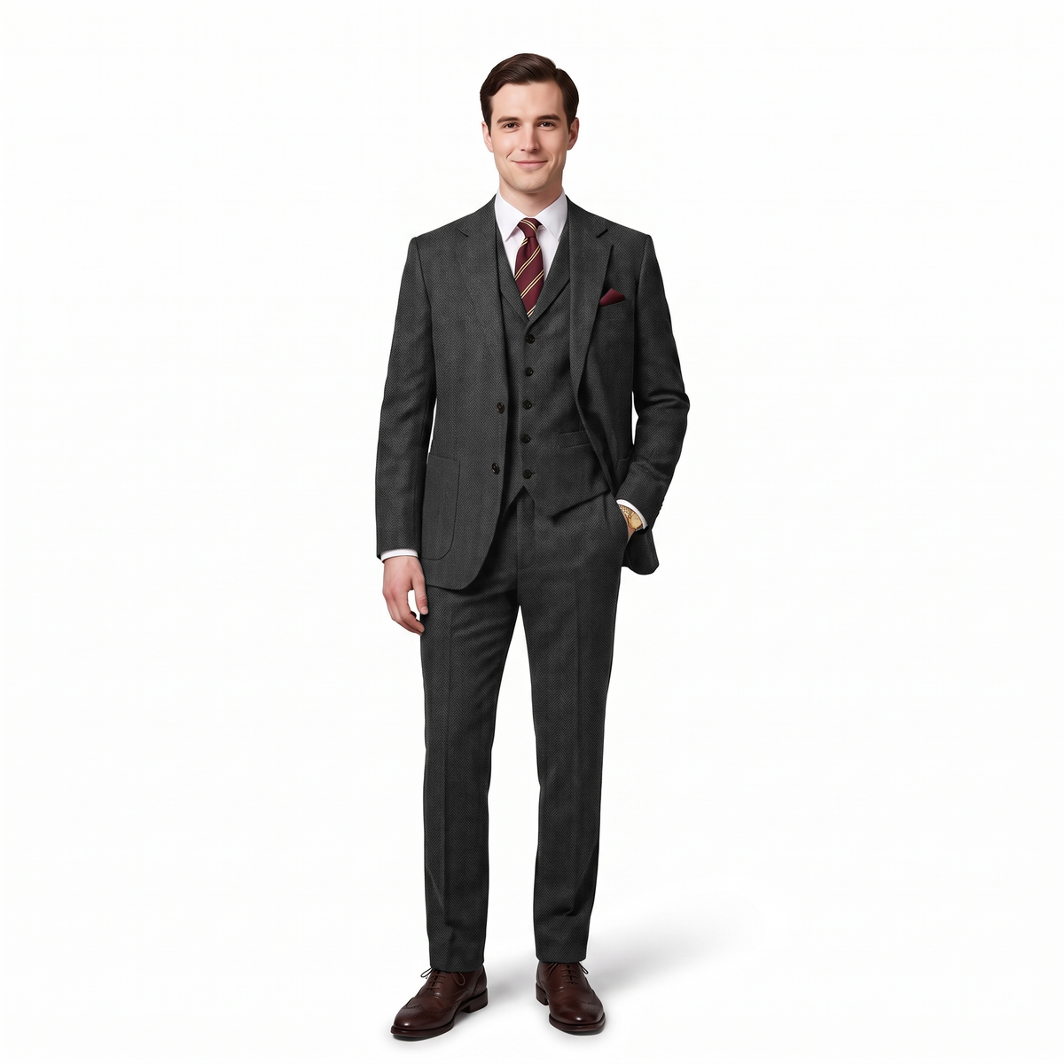 Aesido 3 Pieces Herringbone Notch Lapel Men's Suit (Blazer+Vest+Pants)