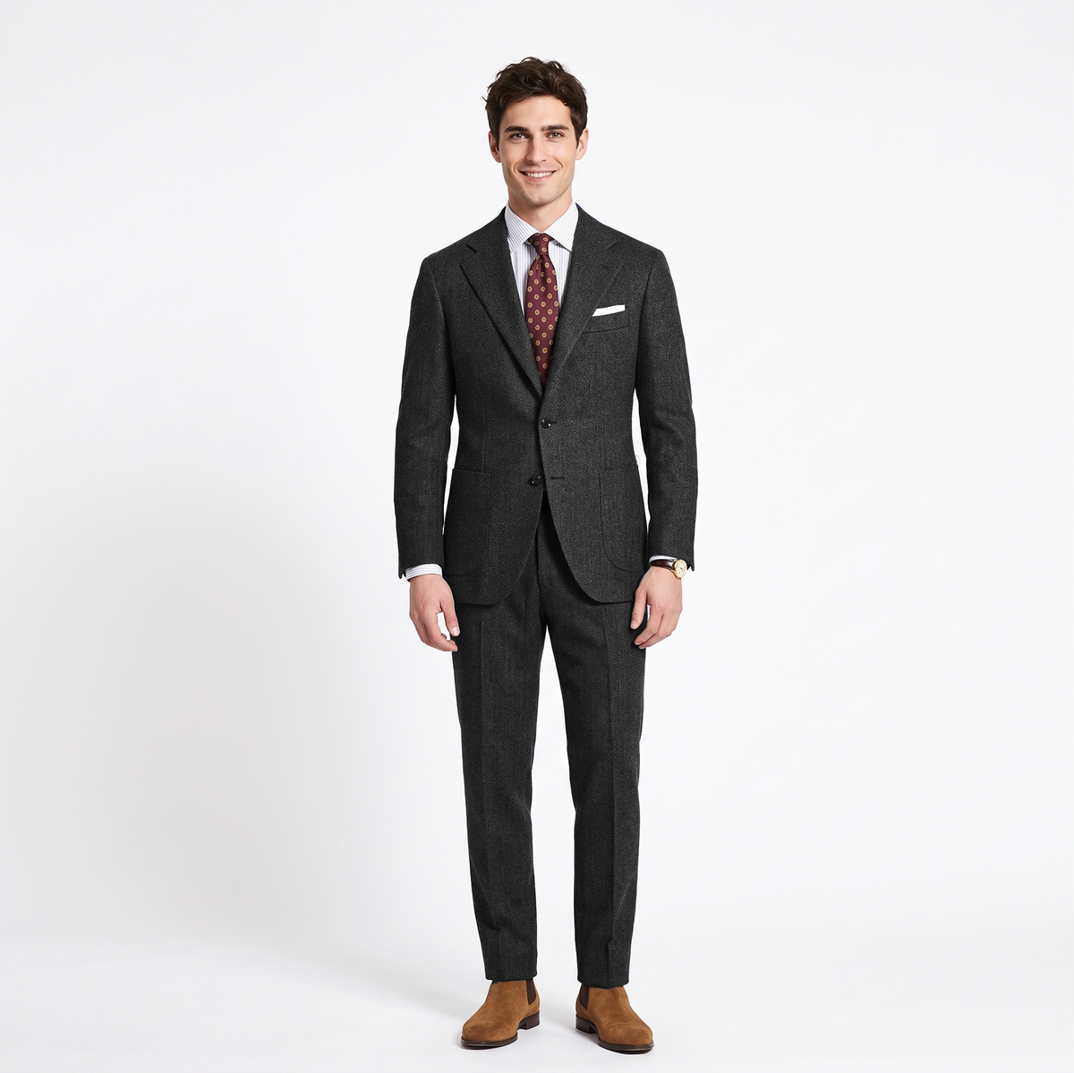 Aesido 2 Pieces Notch Lapel Herringbone Tweed Men's Suit (Blazer+Pants)