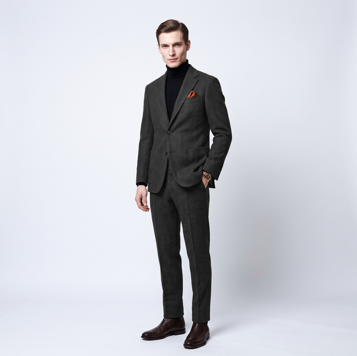 Aesido 2 Pieces Herringbone Notch Lapel Men's Suit Groom Wedding Dress (Blazer+Pants)