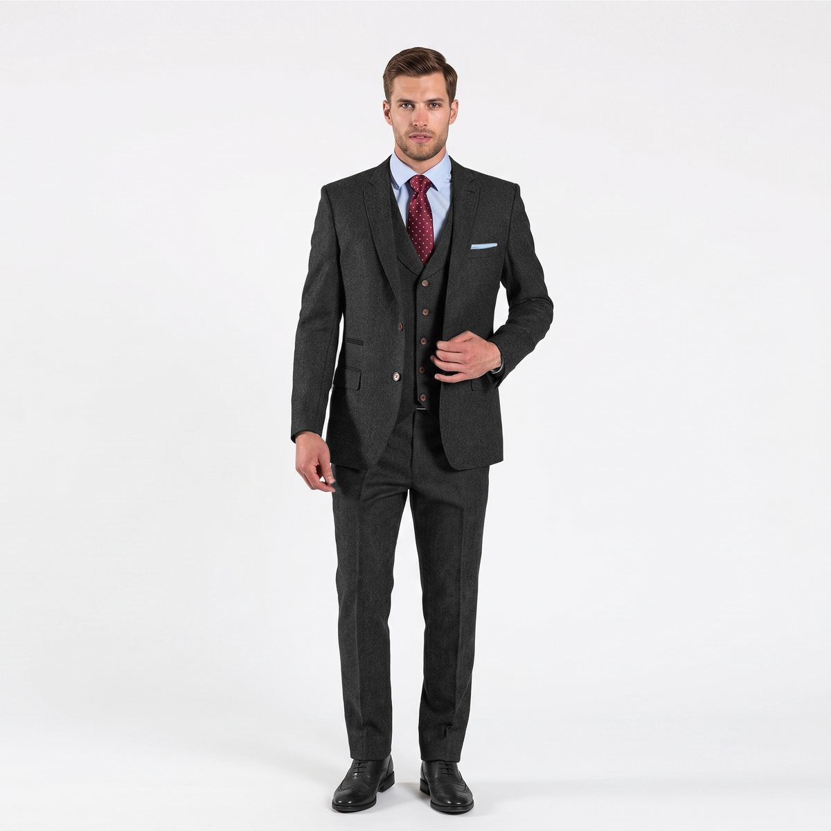 Aesido Men’s 3 Pieces Herringbone Tweed Notch Lapel Gent Suit (Blazer+Vest+Pants)