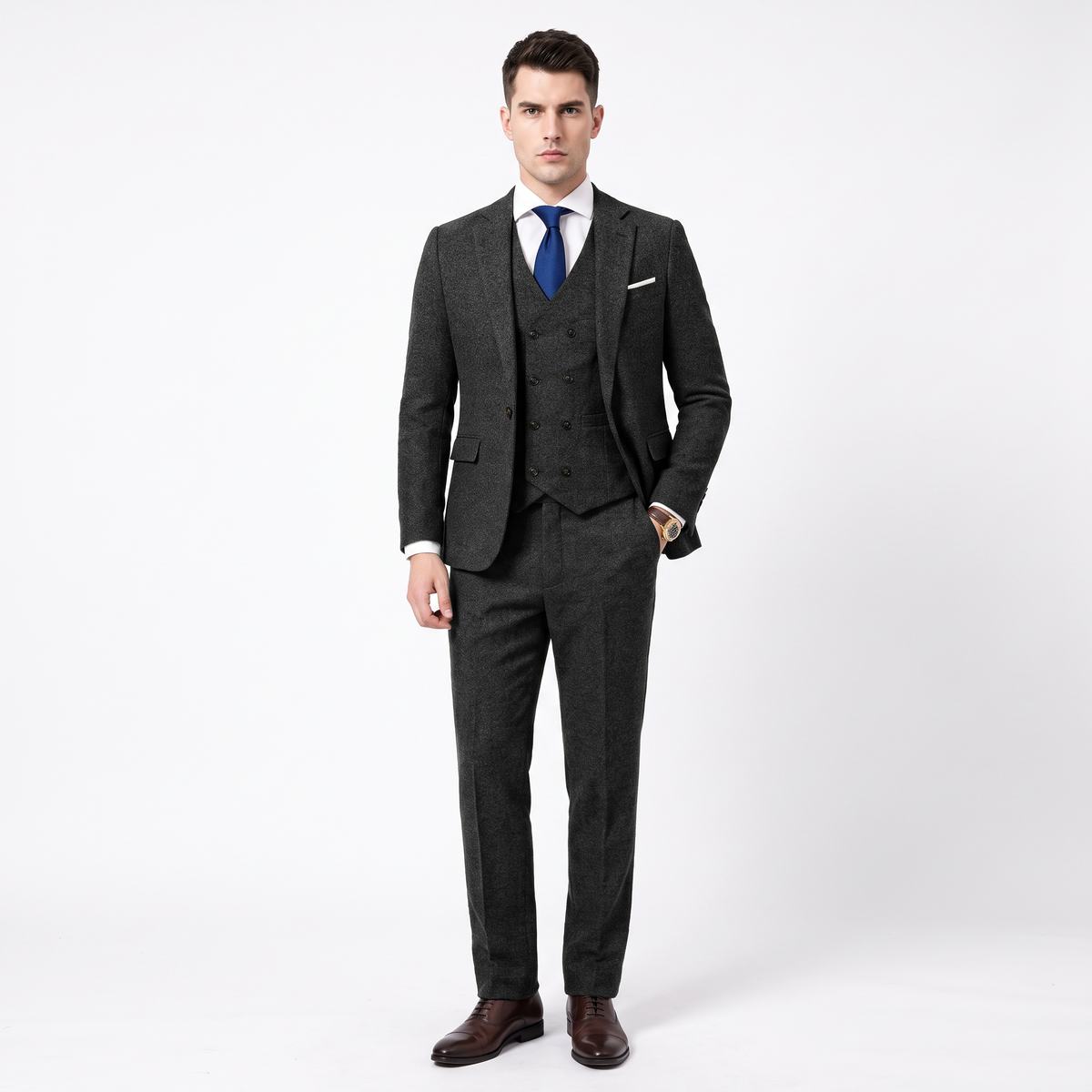 Aesido Men's Business Suit 3 Pieces Tweed Notch Lapel Suits（Blazer+Vest+Pants）