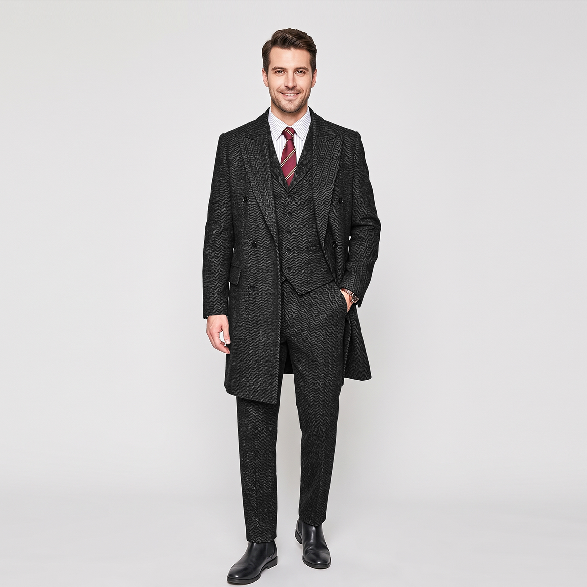 Aesido 3 Pieces Business Mens Suit Regular Fit Peak Lapel Herringbone Blazer(Blazer+vest+Pants)