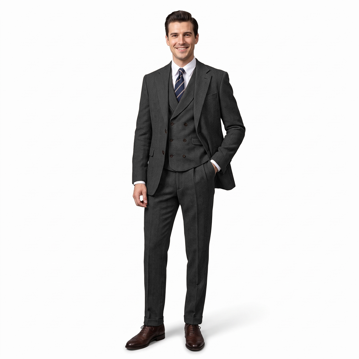 Aesido Men's Suit 3 Pieces Herringbone Notch Lapel Suit（Blazer+Vest+Pants）