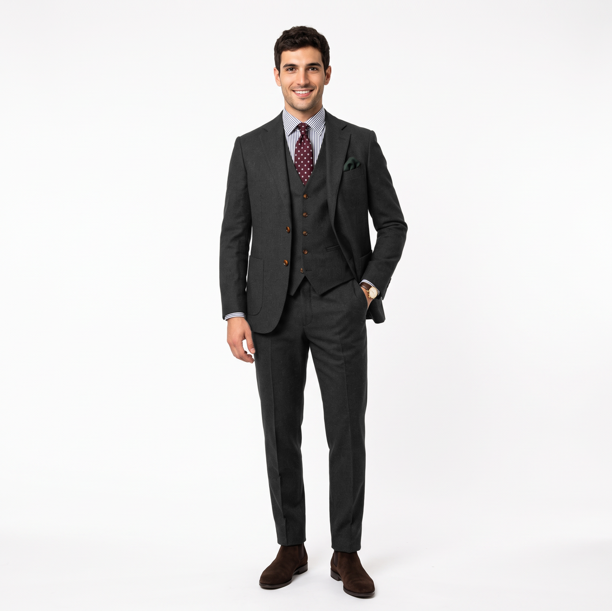 Aesido 3 Pieces Notch Lapel Tweed Men's Suit (Blazer+Vest+Pants)