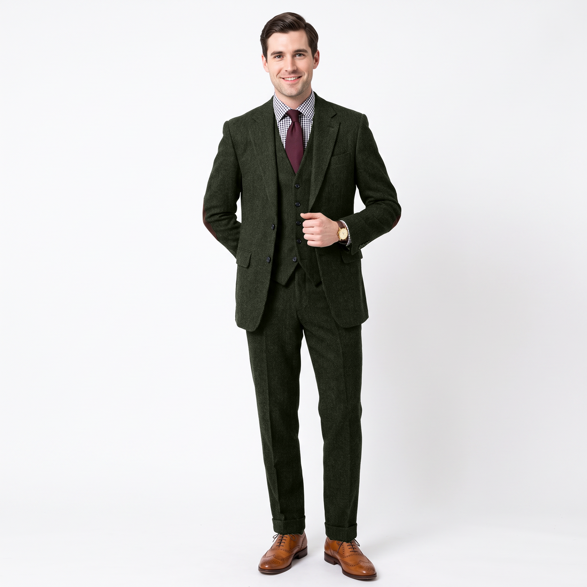Aesido Men's Business 3 Pieces Herringbone Notch Lapel Suit（Blazer+Vest+Pants）