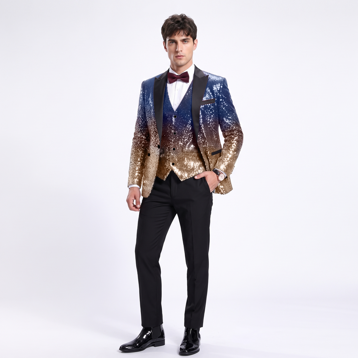 Aesido Men's Fashion Gradient Sequined Tuxedo Suit Peak Lapel Men's Suit (Blazer + Vest + Pants)