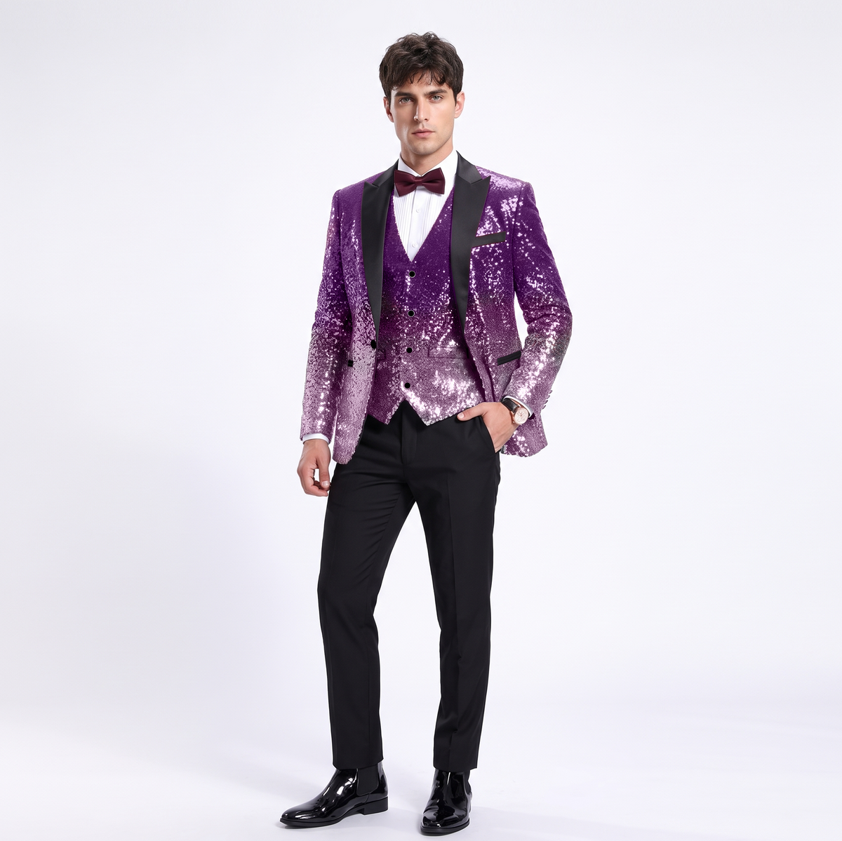Aesido Men's Fashion Gradient Sequined Tuxedo Suit Peak Lapel Men's Suit (Blazer + Vest + Pants)