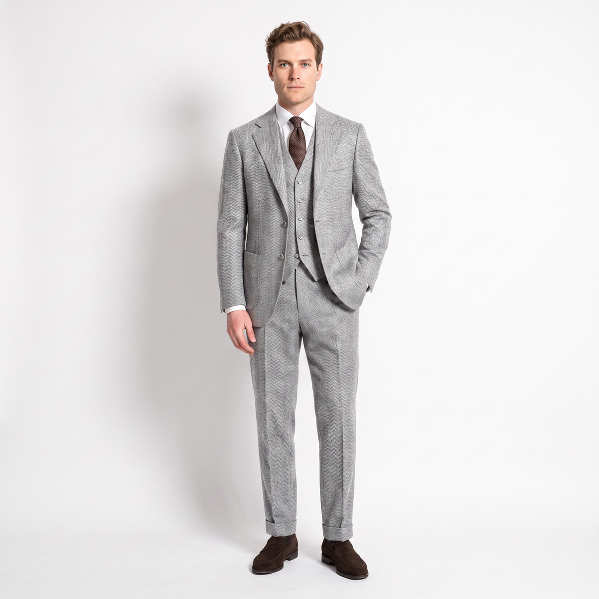 Aesido 3 Pieces Men's Suit Herringbone Notch Lapel Suits (Blazer+Vest+Pants)
