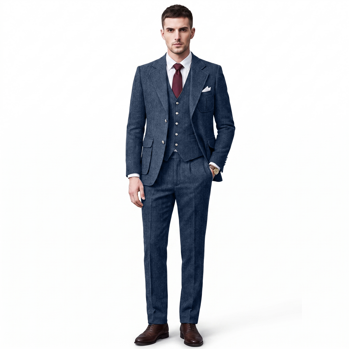 Aesido 3 Pieces Classic Herringbone Notch Lapel Suits (Blazer+Vest+Pants)