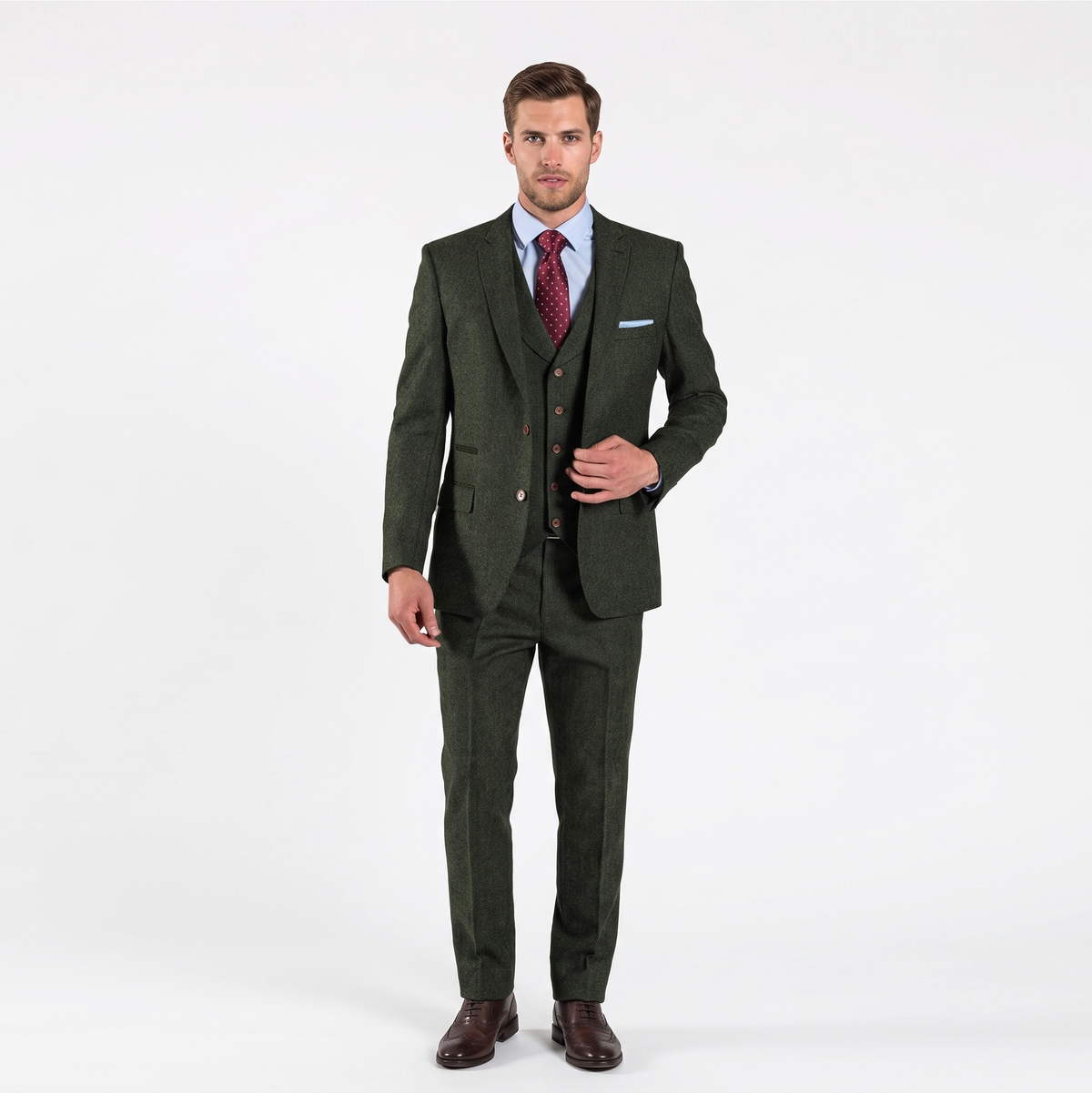 Aesido Men’s 3 Pieces Herringbone Tweed Notch Lapel Gent Suit (Blazer+Vest+Pants)