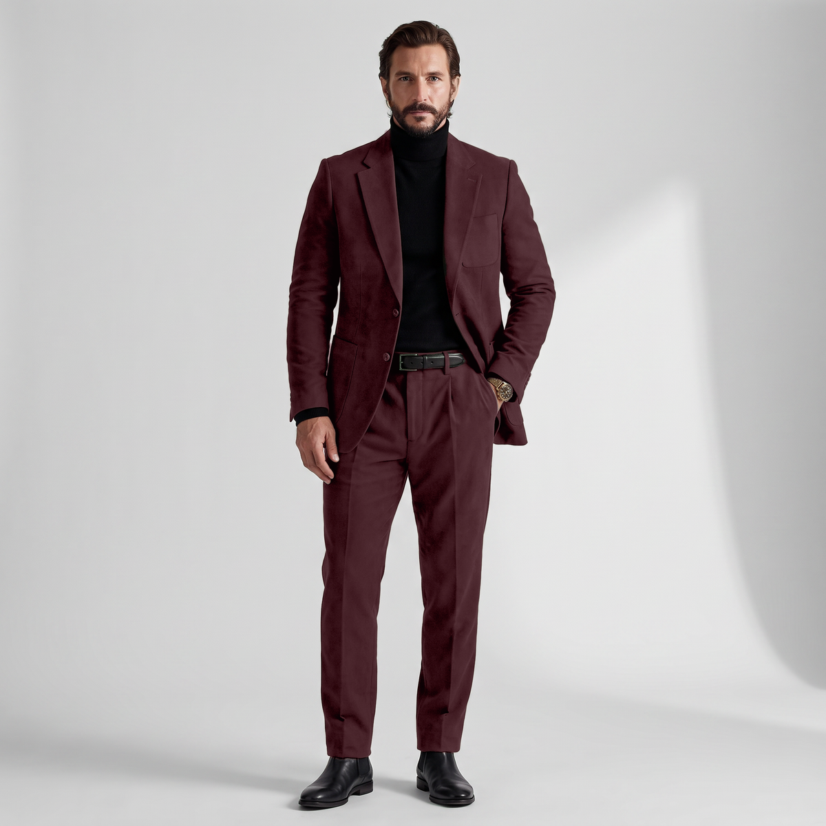 Aesido Retro Men’s Suede 2 Pieces Notch Lapel Men's Suits (Blazer+Pants)