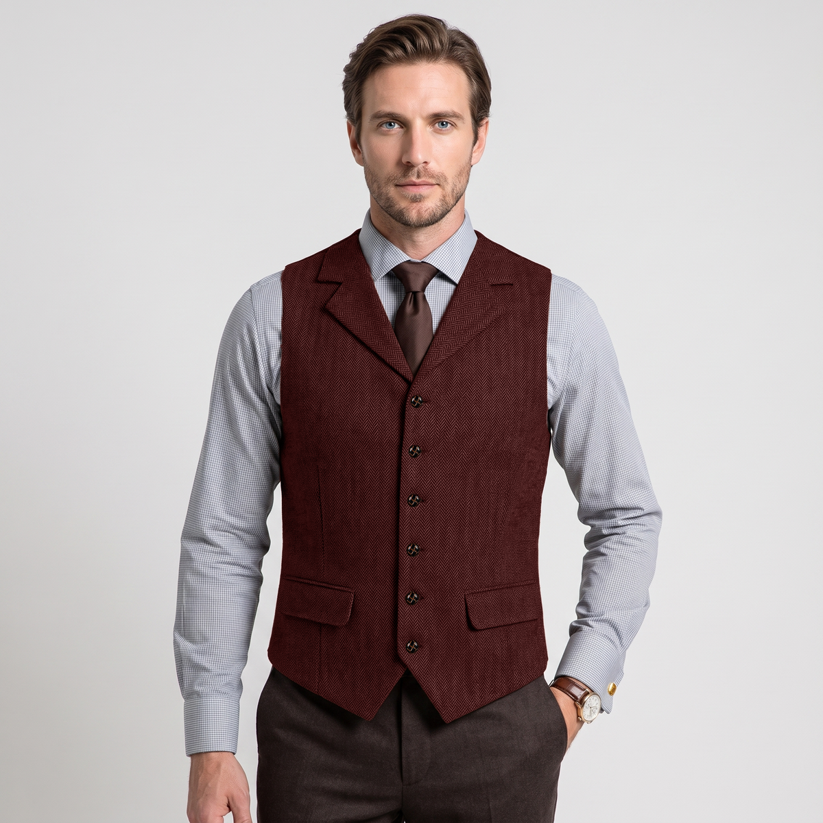 Aesido Men's Business Herringbone Notch Lapel Waistcoat