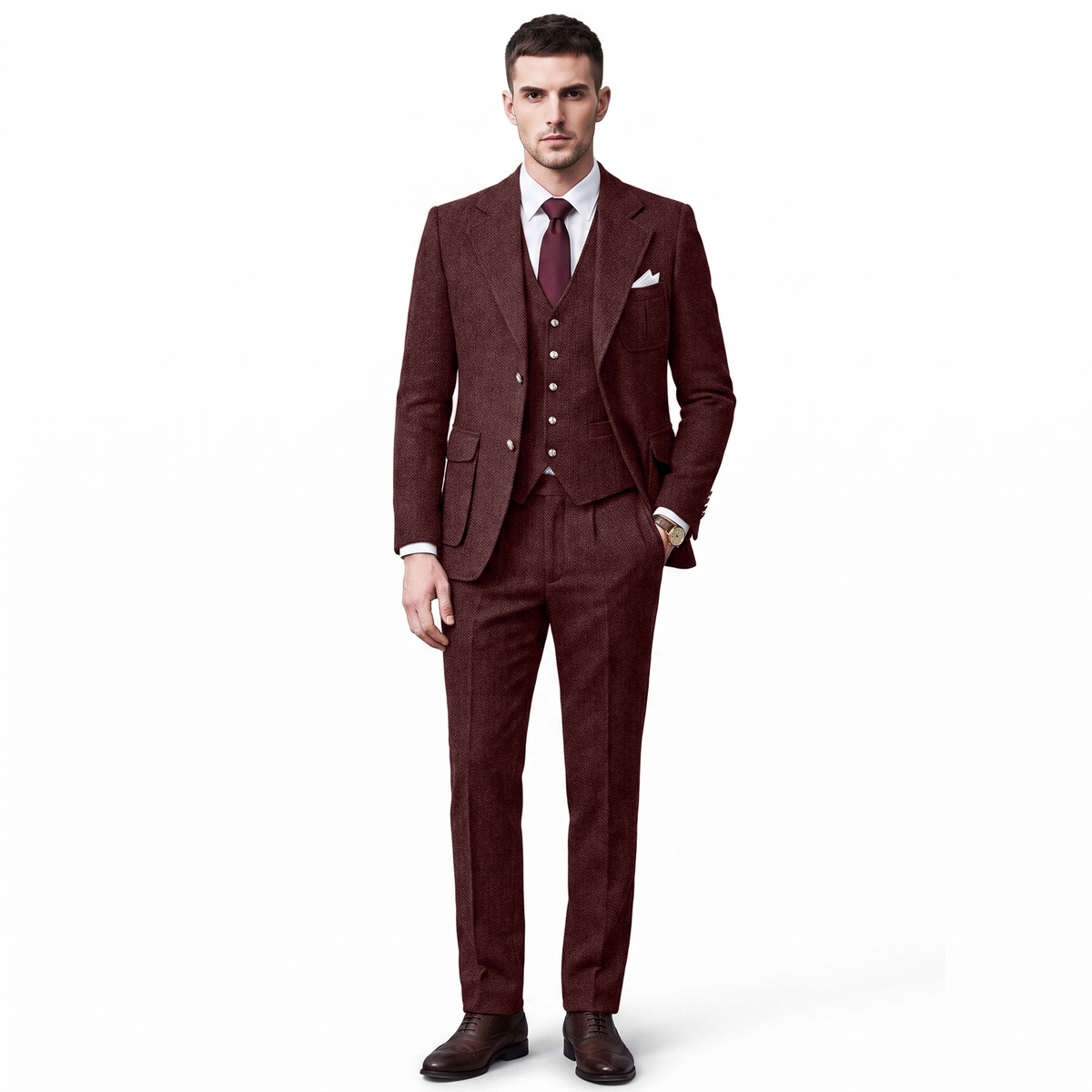 Aesido 3 Pieces Classic Herringbone Notch Lapel Suits (Blazer+Vest+Pants)