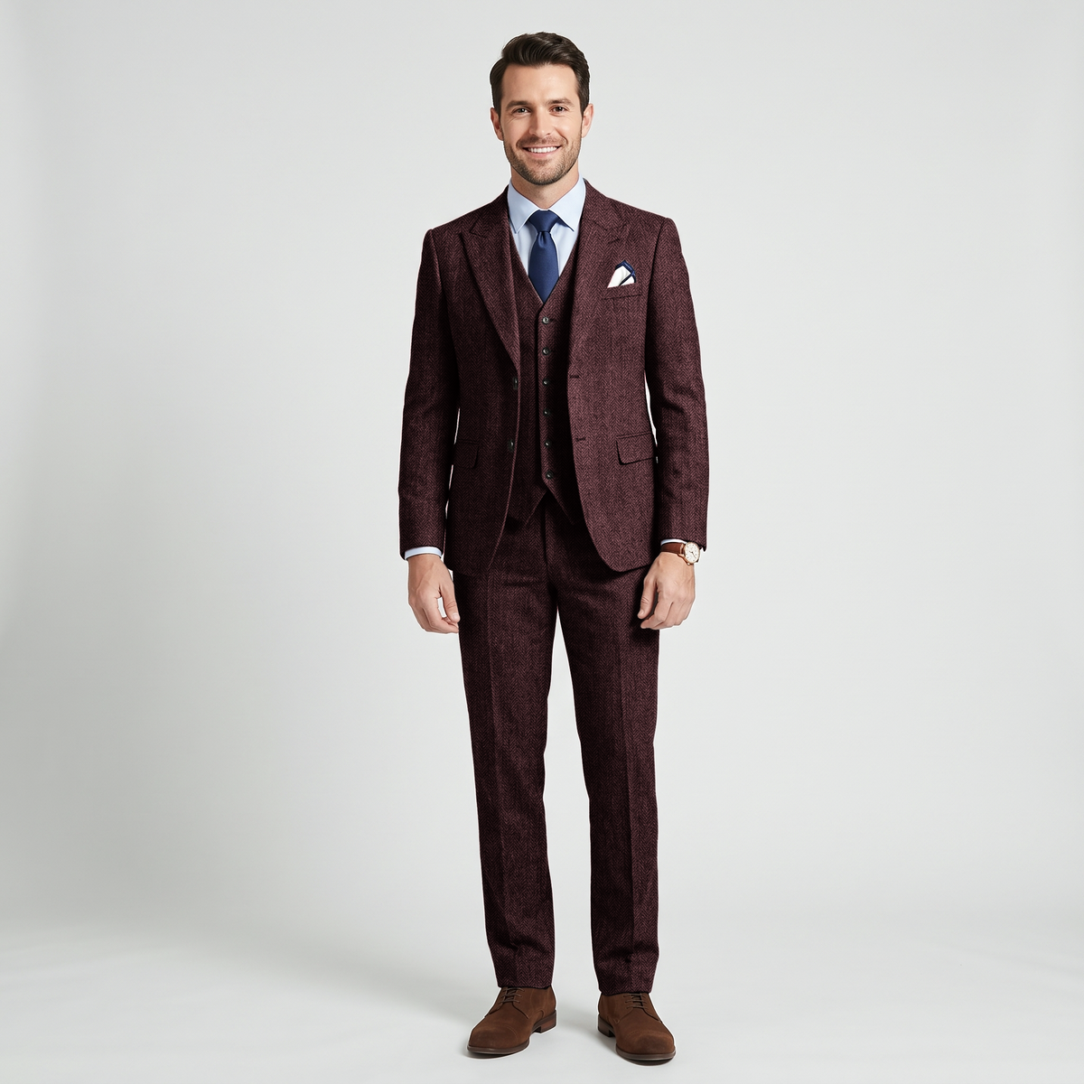 Aesido 3 Pieces Business Herringbone Peak Lapel Men's Suit (Blazer+Vest+Pants)