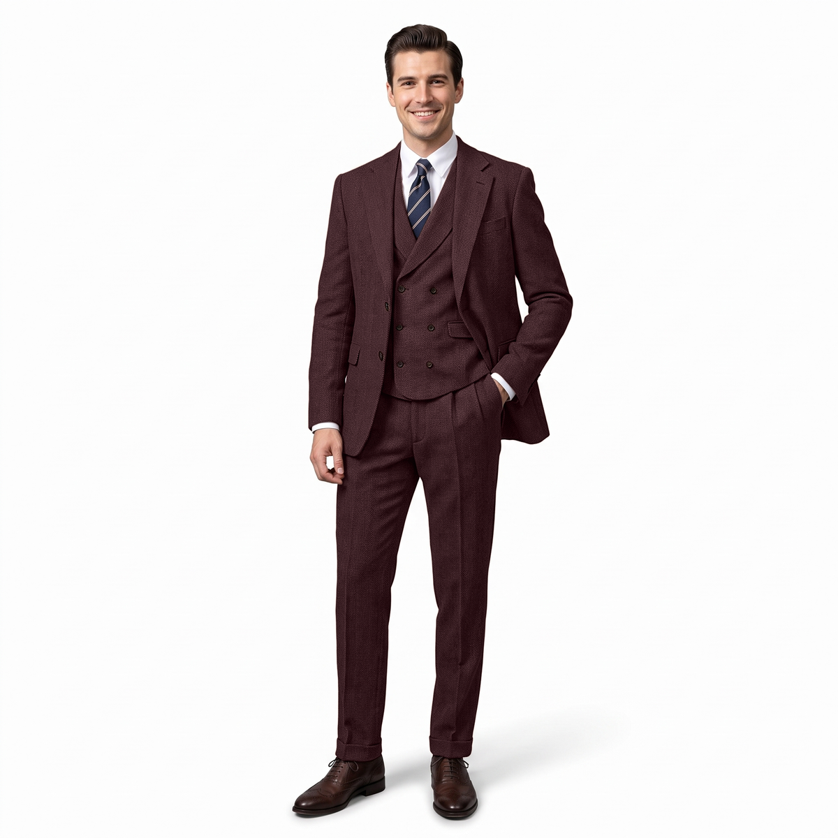 Aesido Men's Suit 3 Pieces Herringbone Notch Lapel Suit（Blazer+Vest+Pants）