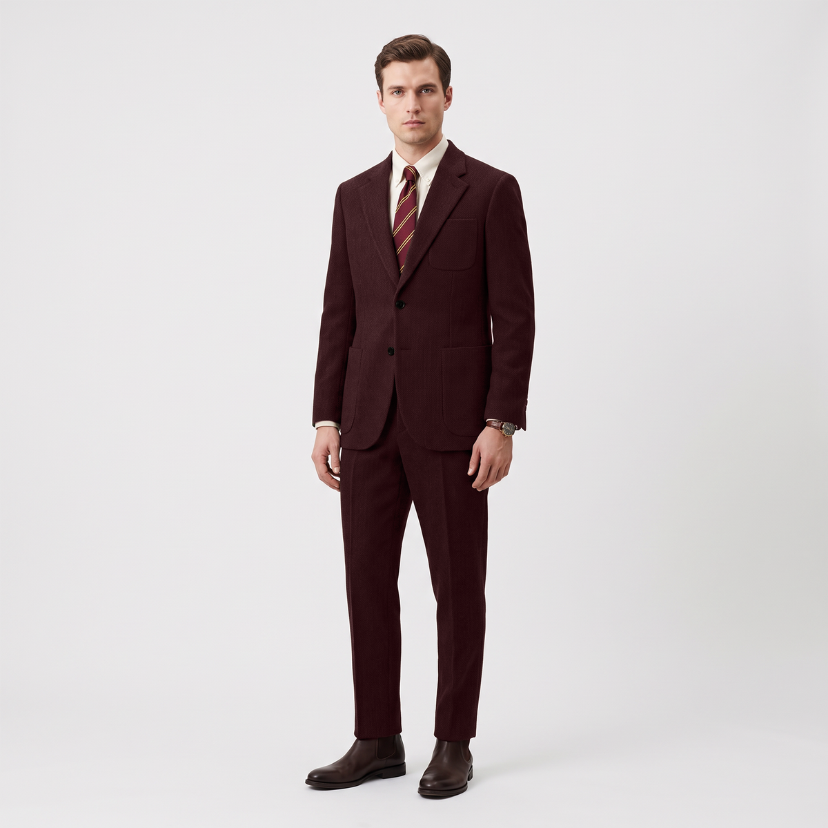 Aesido 2 Piece Double Button Notch Lapel Herringbone Tweed Men's Suit (Blazer+Pants)
