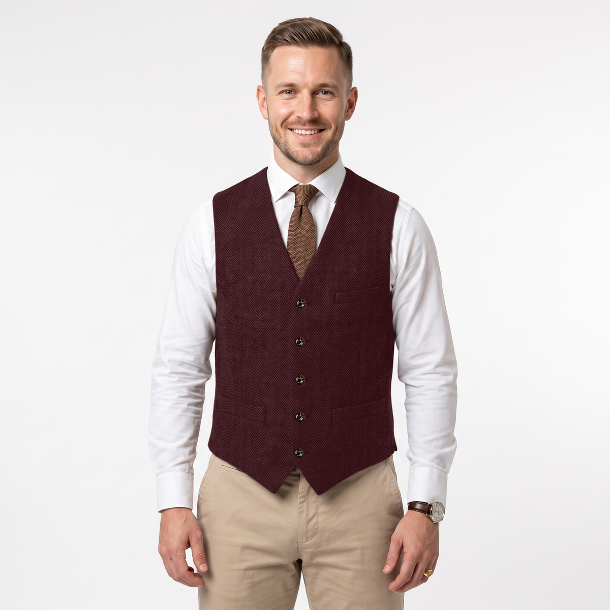 Aesido Formal Men's Vest Herringbone V Neck Waistcoat for Wedding