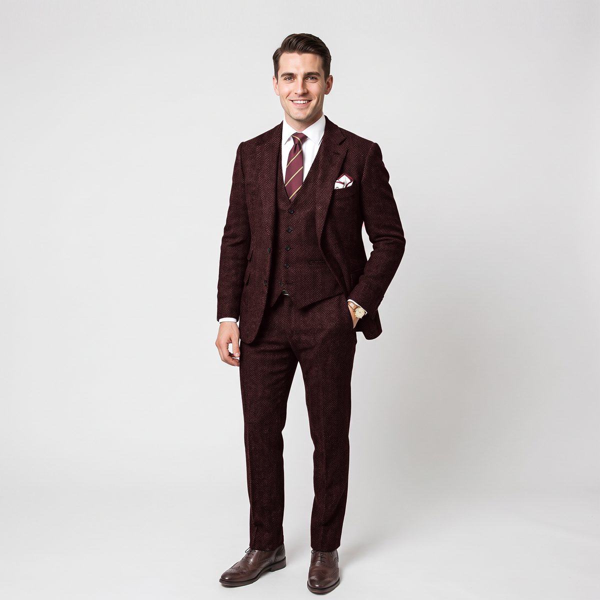 Aesido Vintage 3 Pieces Men's Suit Herringbone Notch Lapel Tuxedos (Blazer+vest+Pants)