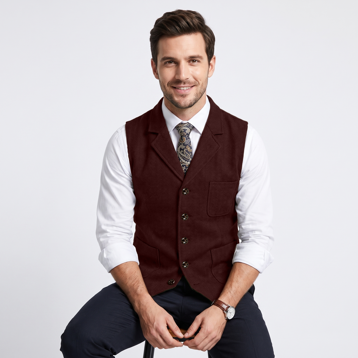 Aesido Formal Men's Vest Herringbone Notch Lapel Waistcoat
