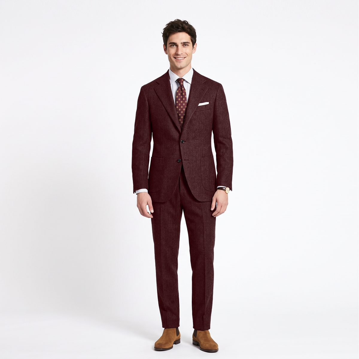 Aesido 2 Pieces Notch Lapel Herringbone Tweed Men's Suit (Blazer+Pants)