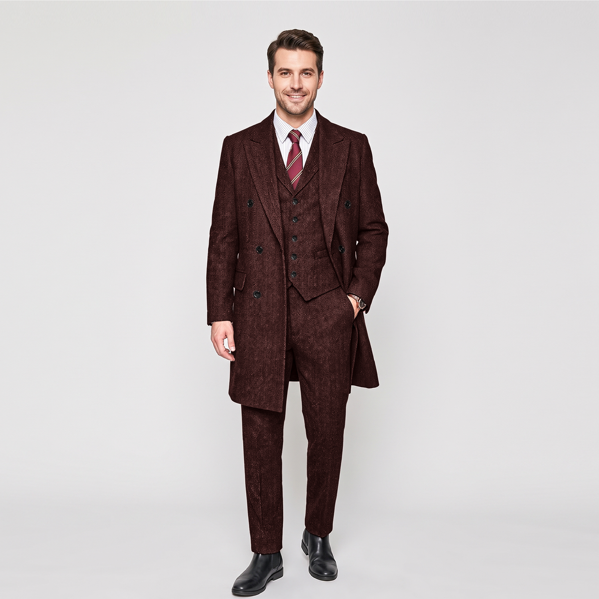 Aesido 3 Pieces Business Mens Suit Regular Fit Peak Lapel Herringbone Blazer(Blazer+vest+Pants)