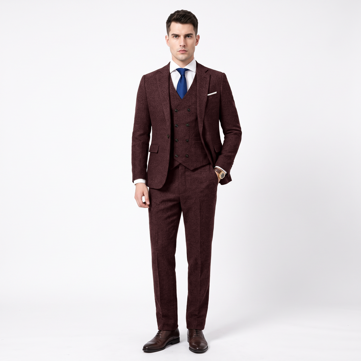 Aesido Men's Business Suit 3 Pieces Tweed Notch Lapel Suits（Blazer+Vest+Pants）