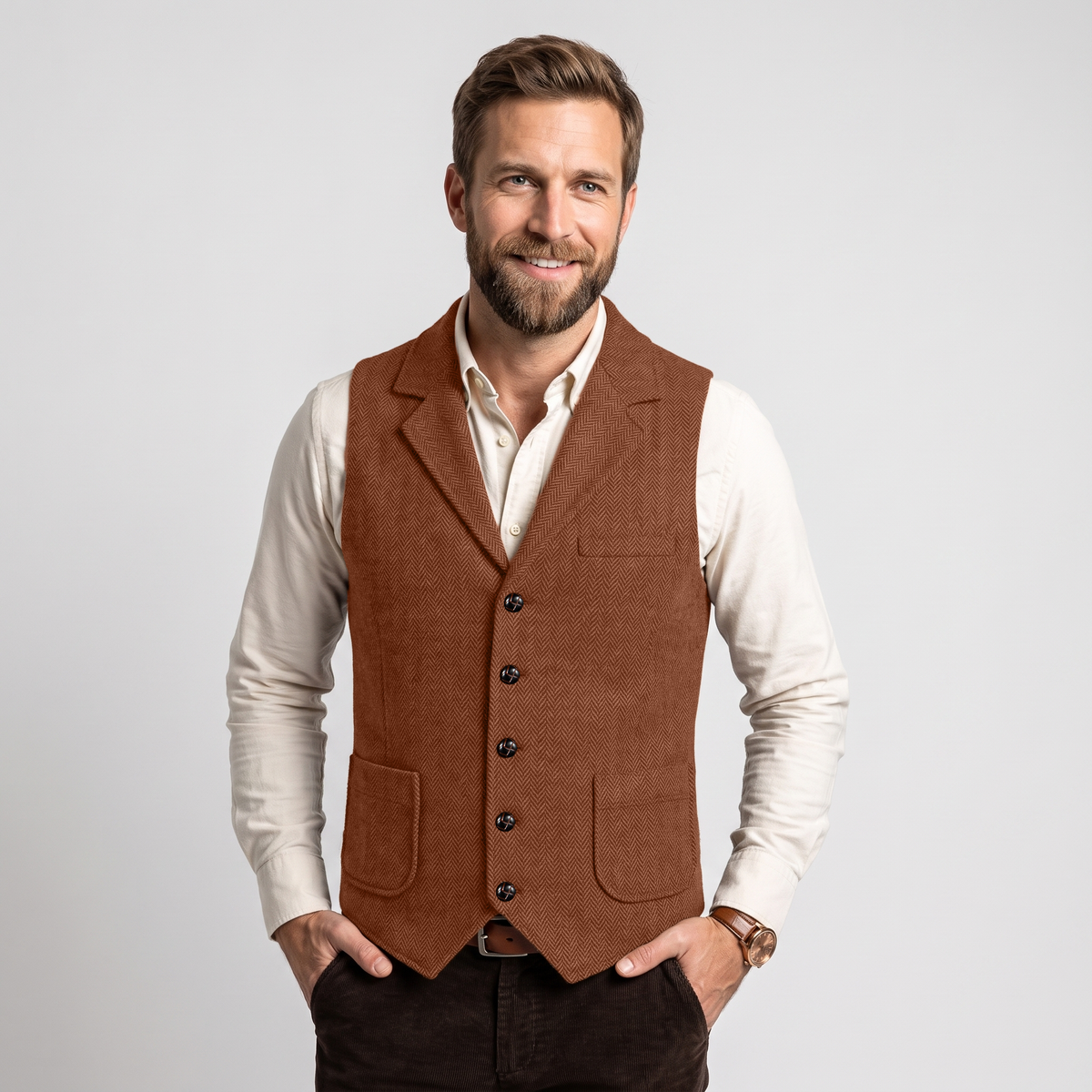Aesido Men's Herringbone Notch Lapel Single Breasted Waistcoat