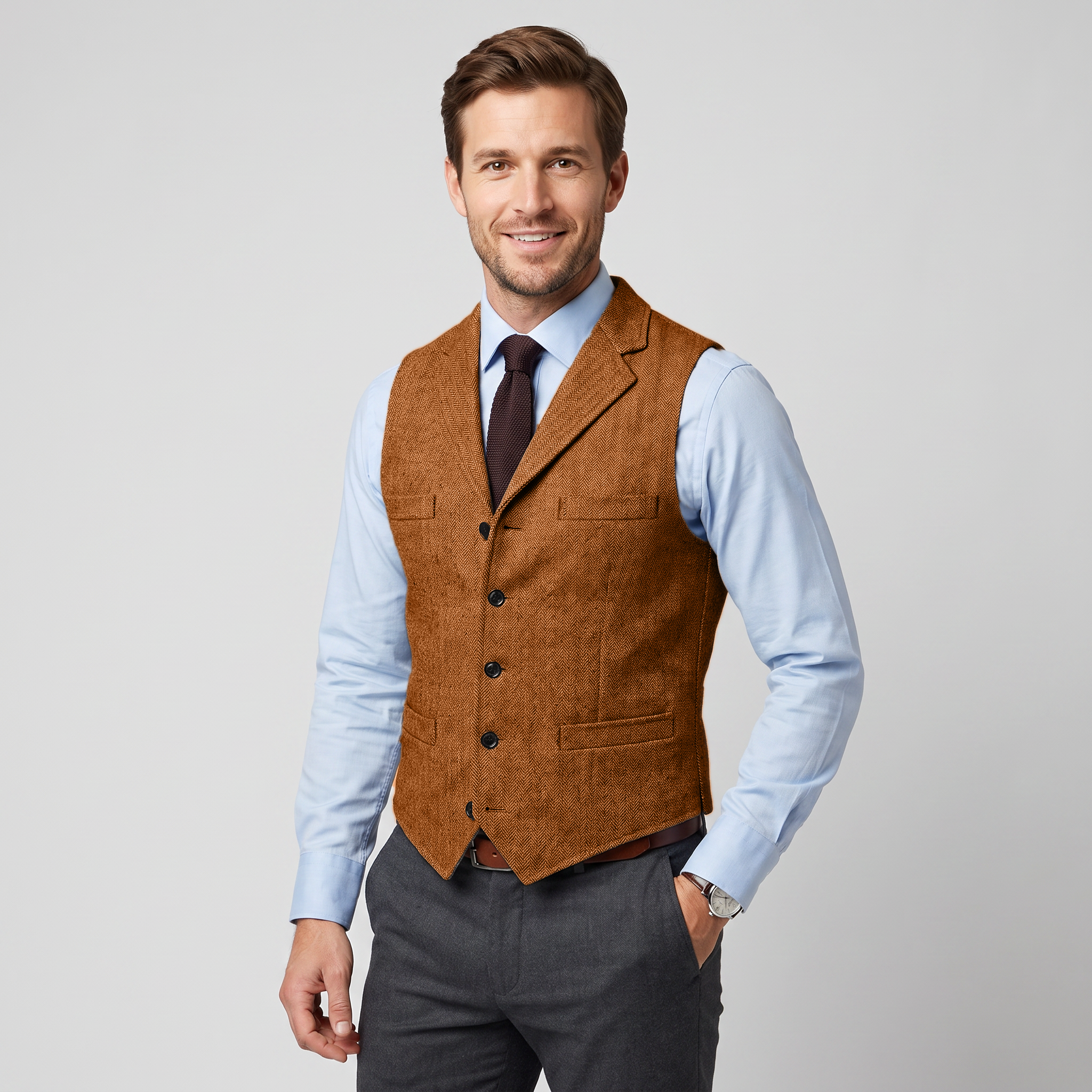 Aesido Business Men's Herringbone Notch Lapel Waistcoat