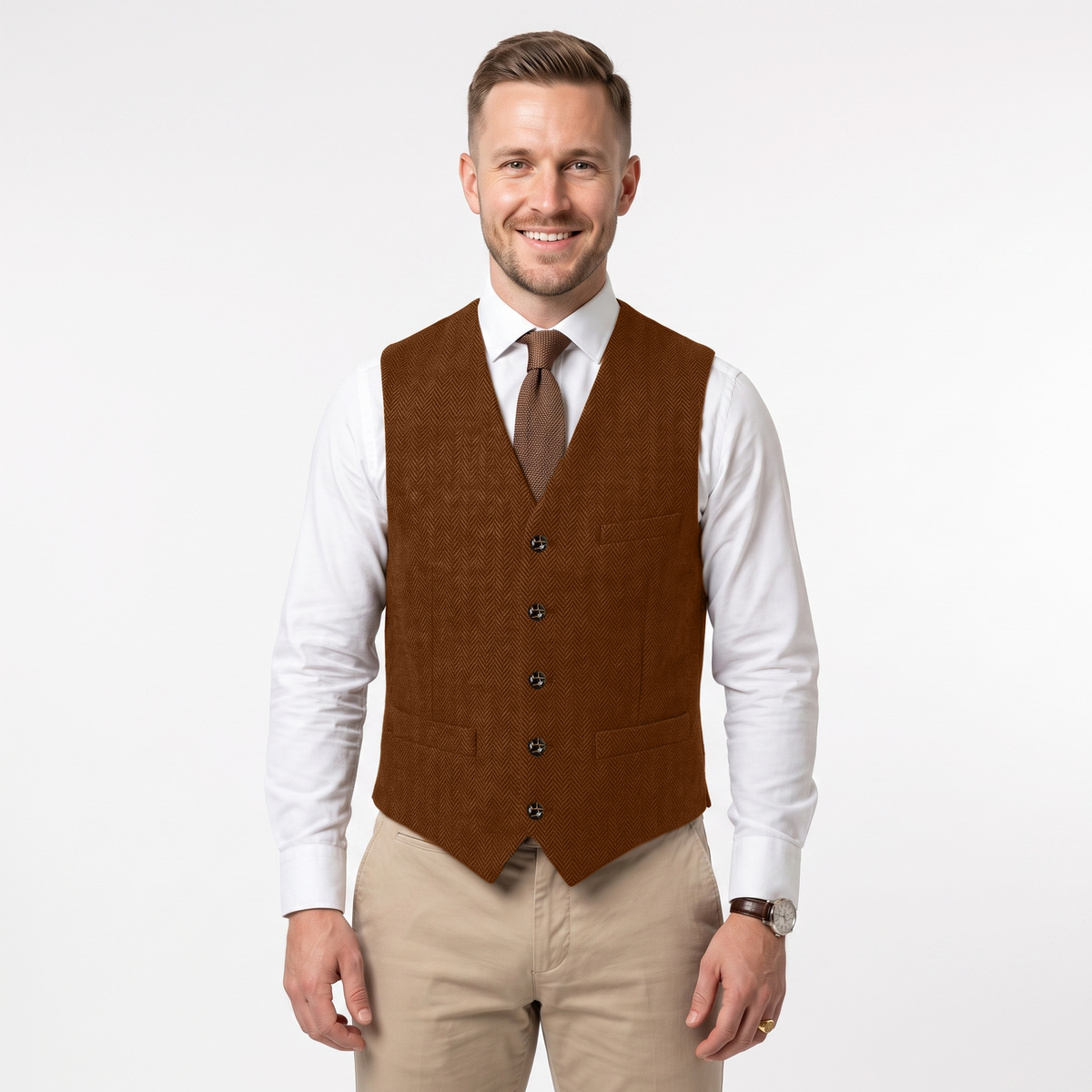 Aesido Formal Men's Vest Herringbone V Neck Waistcoat for Wedding