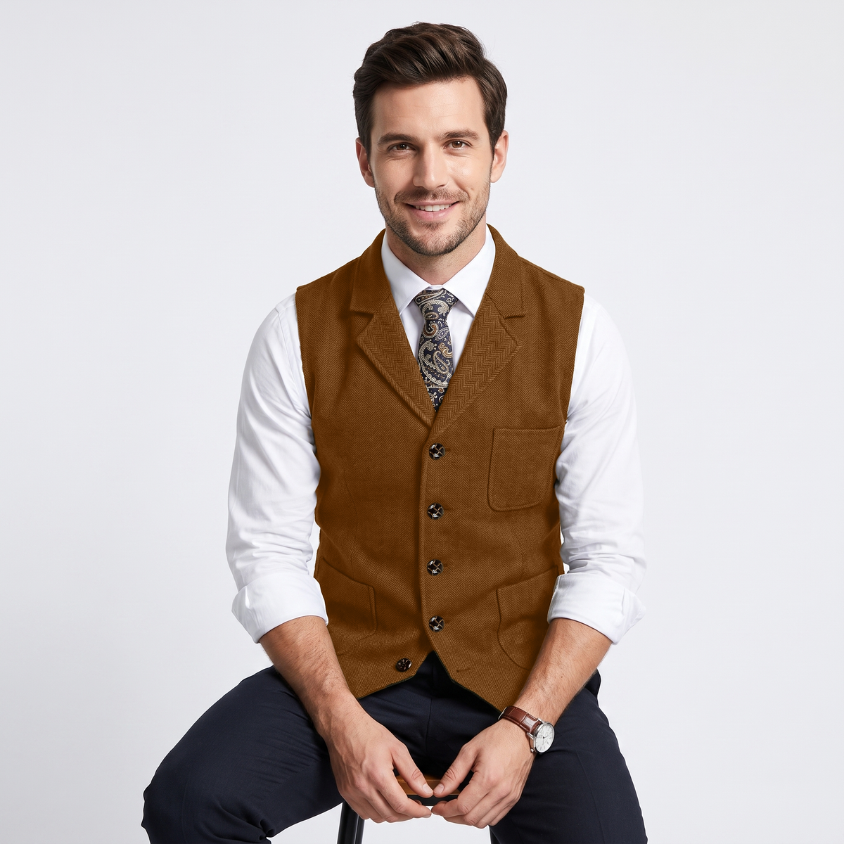 Aesido Formal Men's Vest Herringbone Notch Lapel Waistcoat
