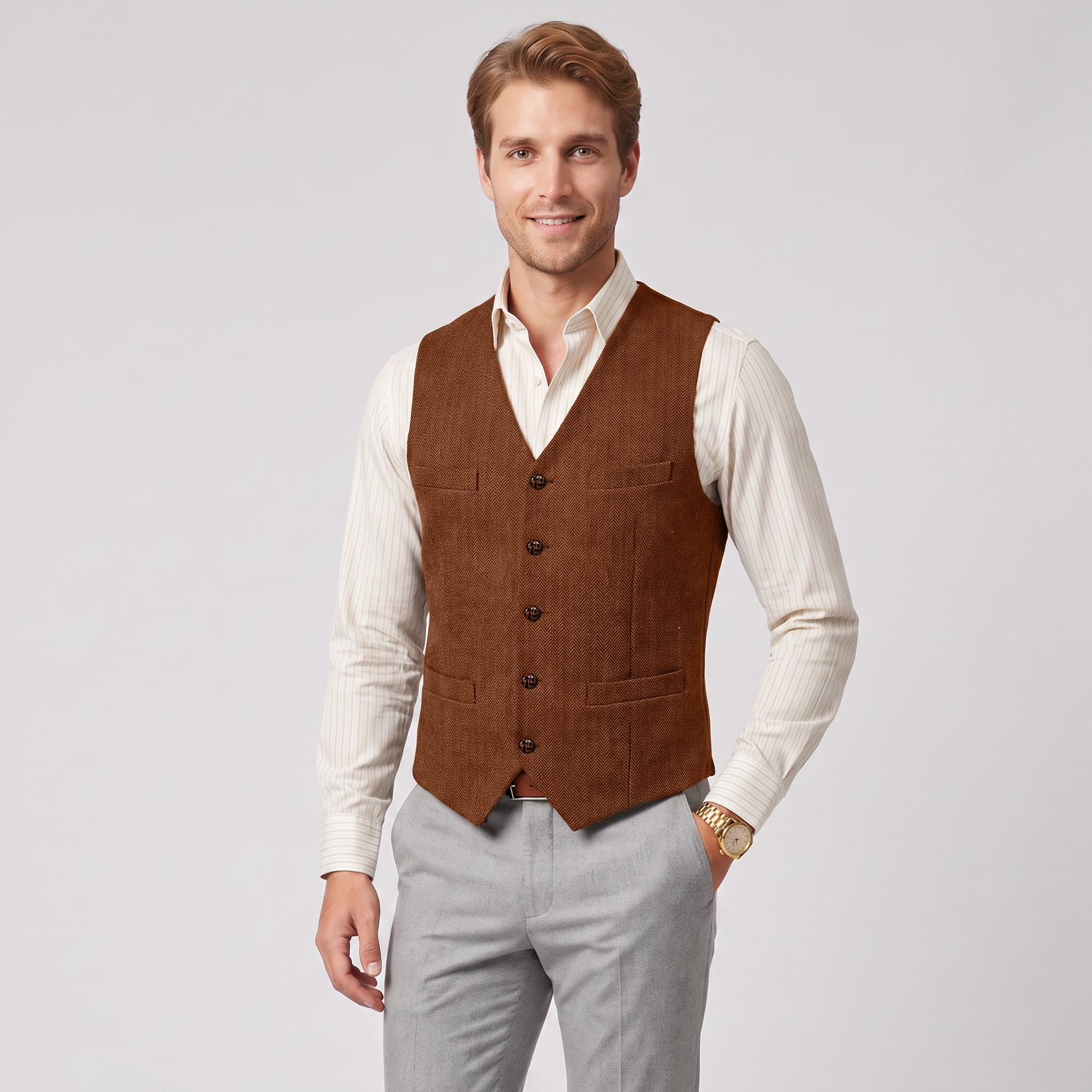 Aesido Casual Single Breasted V Neck Herringbone Men's Vest