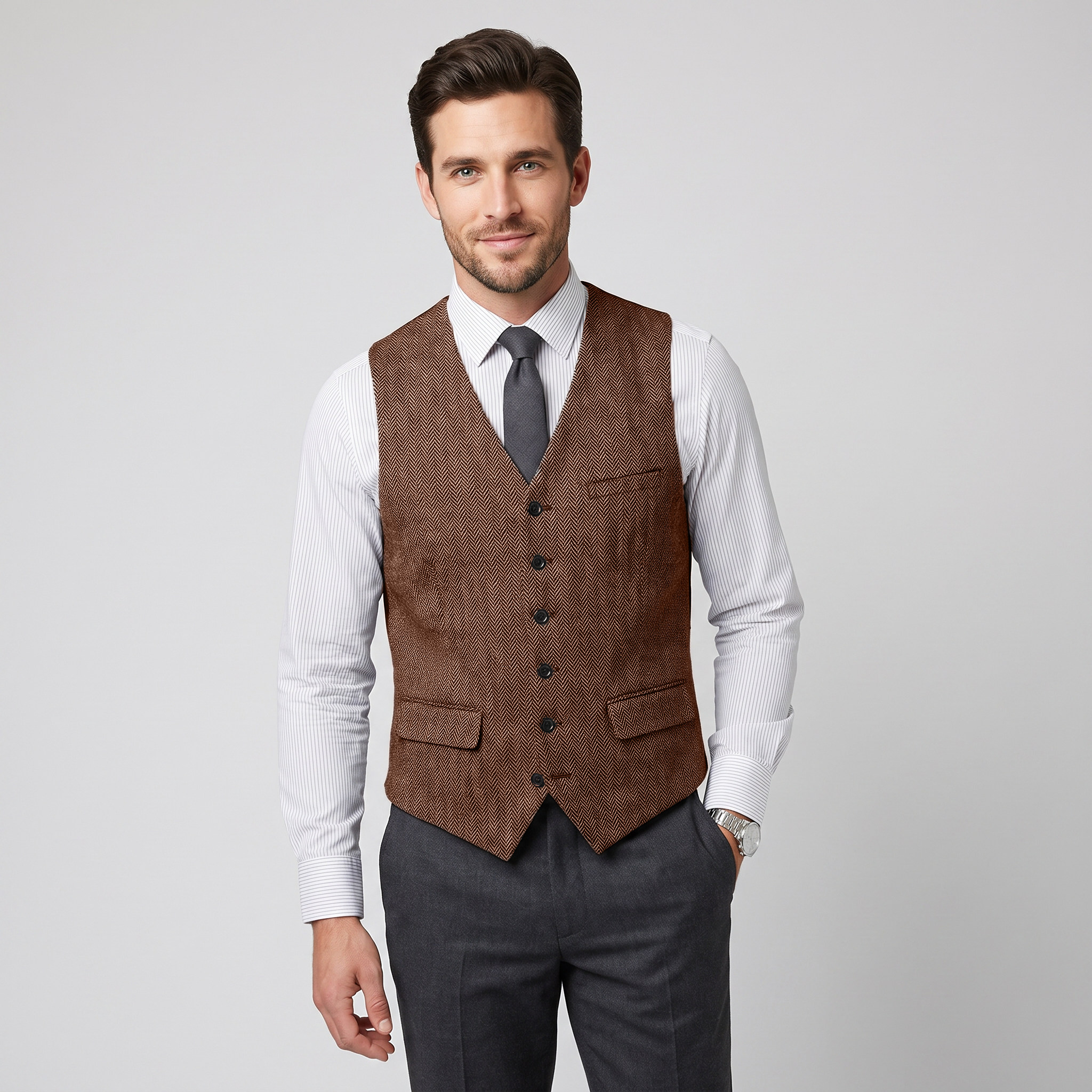 Aesido Men's Single Breasted V Neck Herringbone Waistcoat