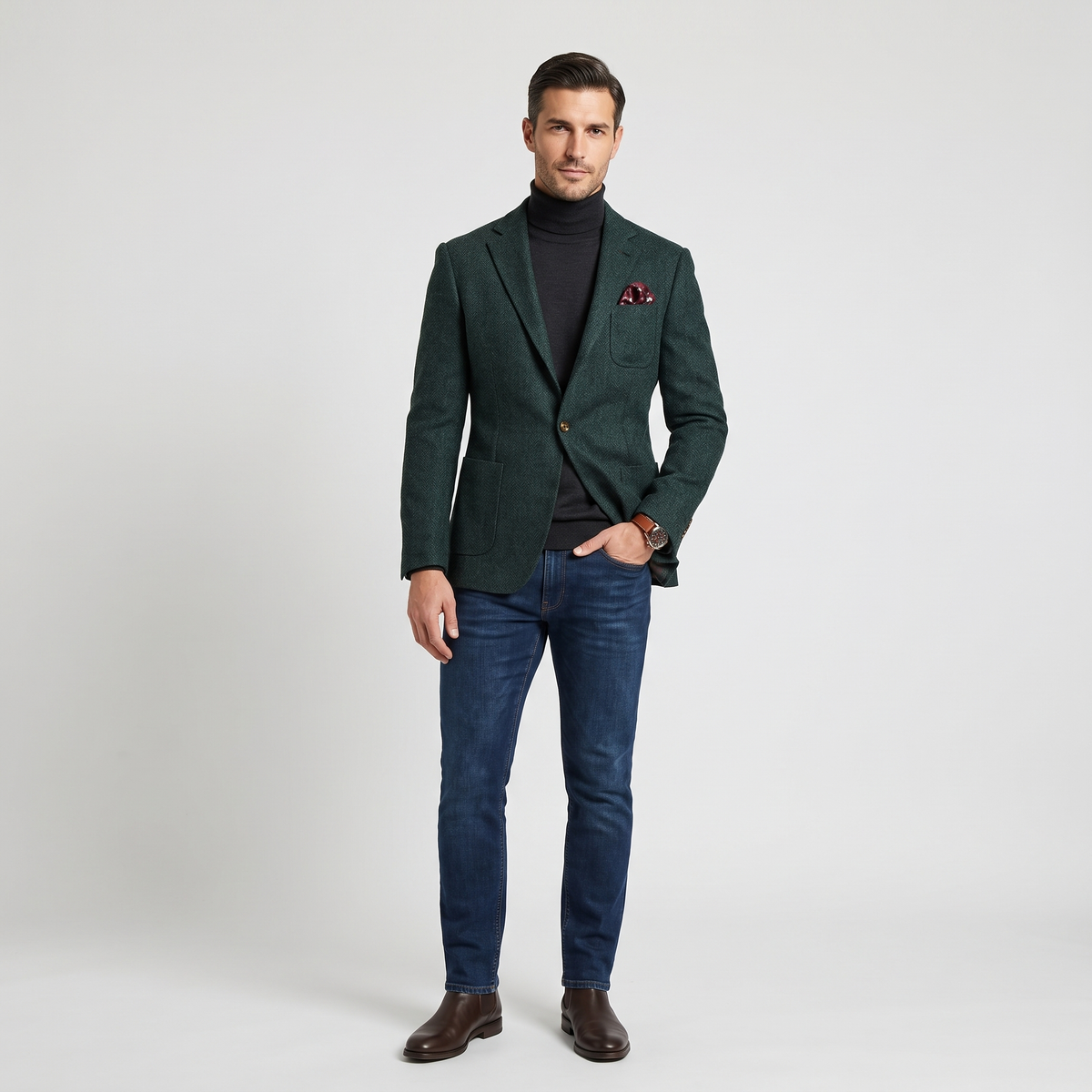 Aesido Hunt Green Herringbone Slim Fit Vintage Wool Casual Notch Lapel Men's Blazer