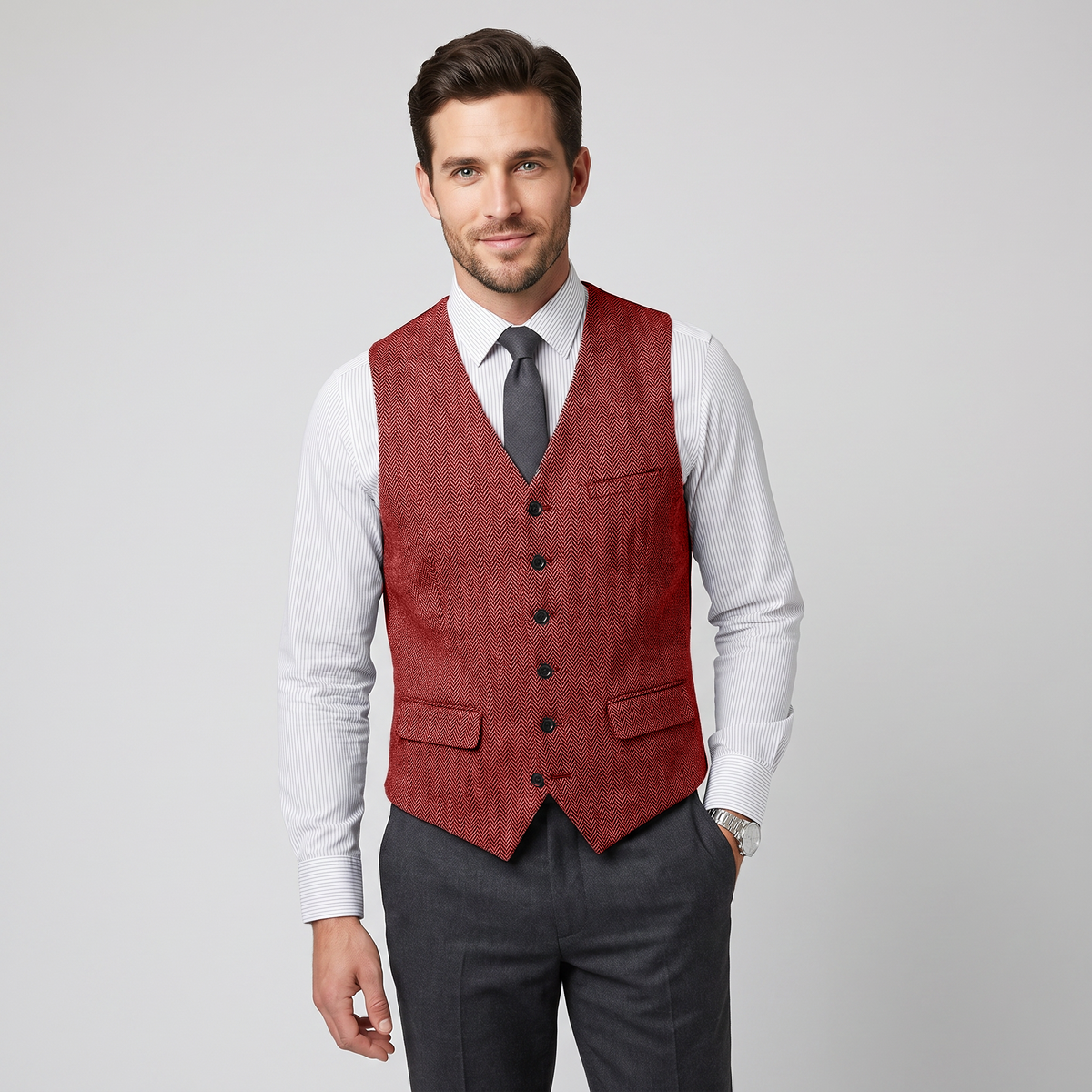 Aesido Men's Single Breasted V Neck Herringbone Waistcoat