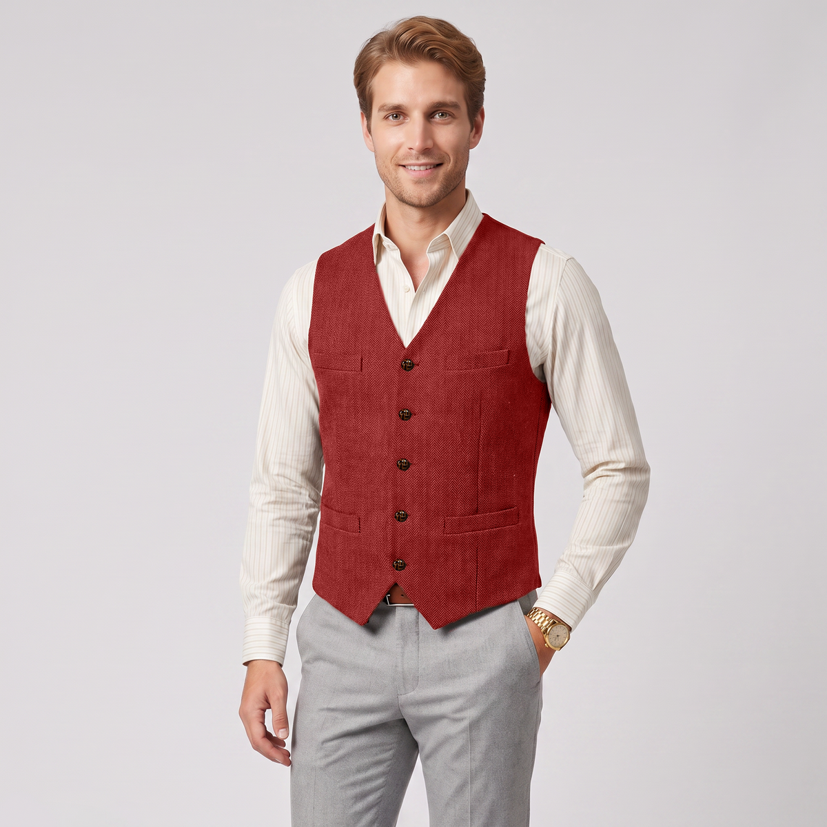 Aesido Casual Single Breasted V Neck Herringbone Men's Vest