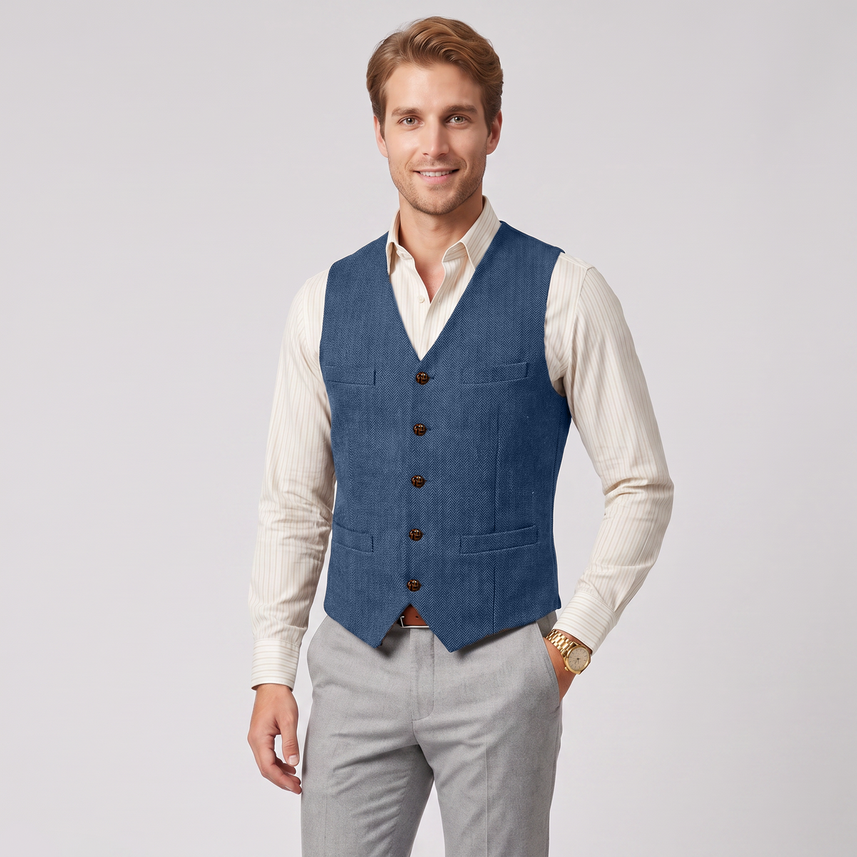 Aesido Casual Single Breasted V Neck Herringbone Men's Vest