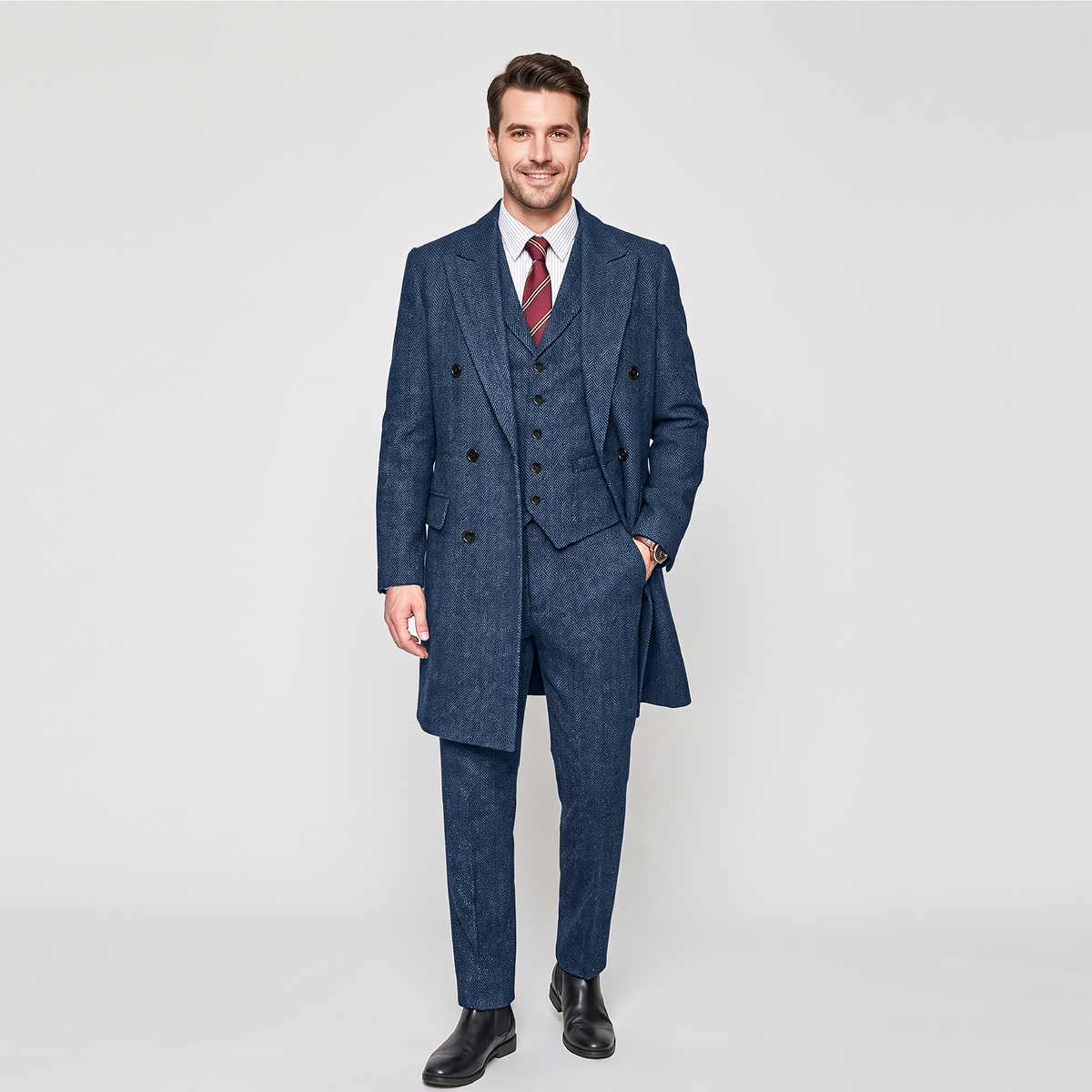 Aesido 3 Pieces Business Mens Suit Regular Fit Peak Lapel Herringbone Blazer(Blazer+vest+Pants)